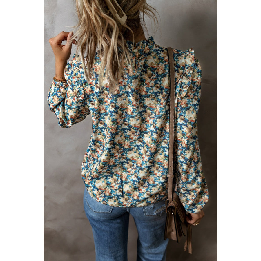 Frill Printed Mock Neck Long Sleeve Blouse Apparel and Accessories