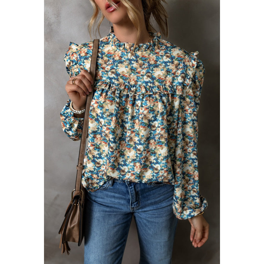 Frill Printed Mock Neck Long Sleeve Blouse Apparel and Accessories