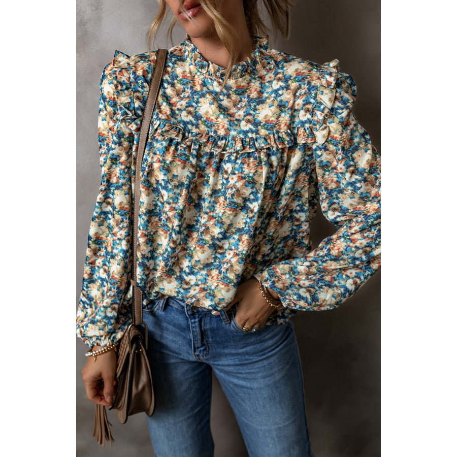 Frill Printed Mock Neck Long Sleeve Blouse Apparel and Accessories