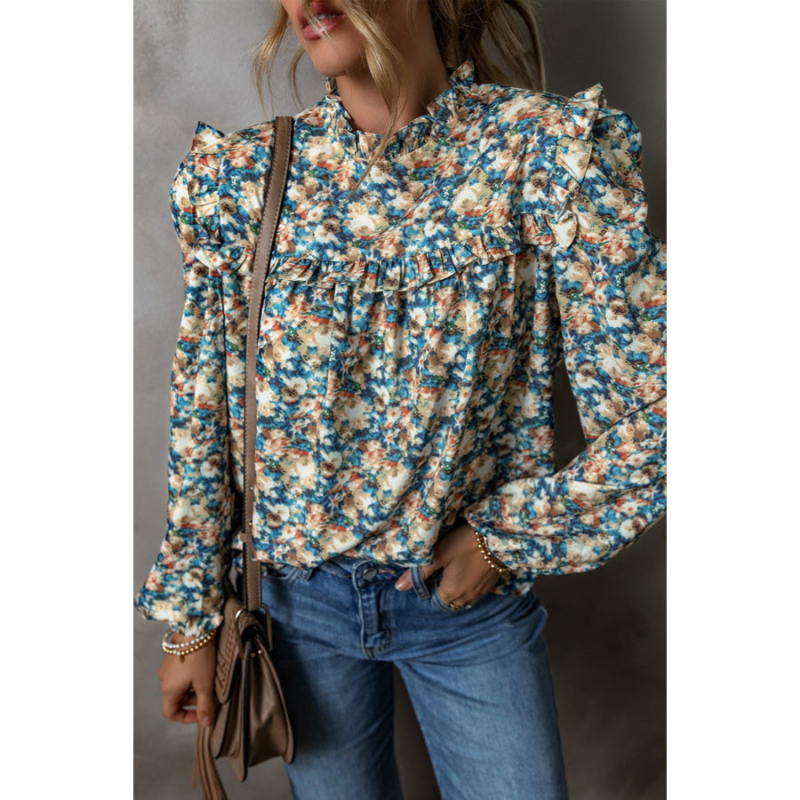 Frill Printed Mock Neck Long Sleeve Blouse Floral / S Apparel and Accessories