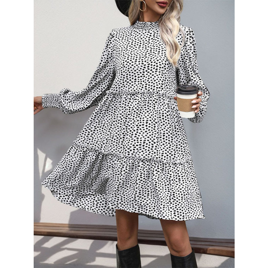 Frill Printed Mock Neck Long Sleeve Mini Dress Apparel and Accessories