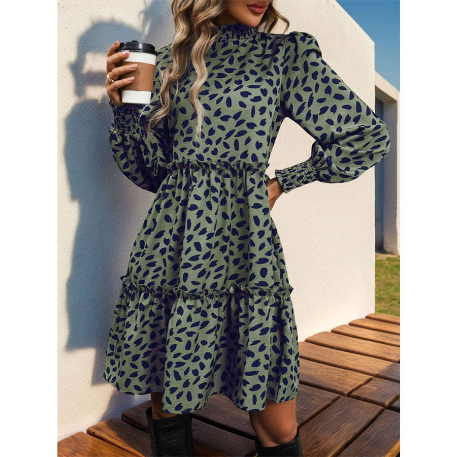 Frill Printed Mock Neck Long Sleeve Mini Dress Apparel and Accessories