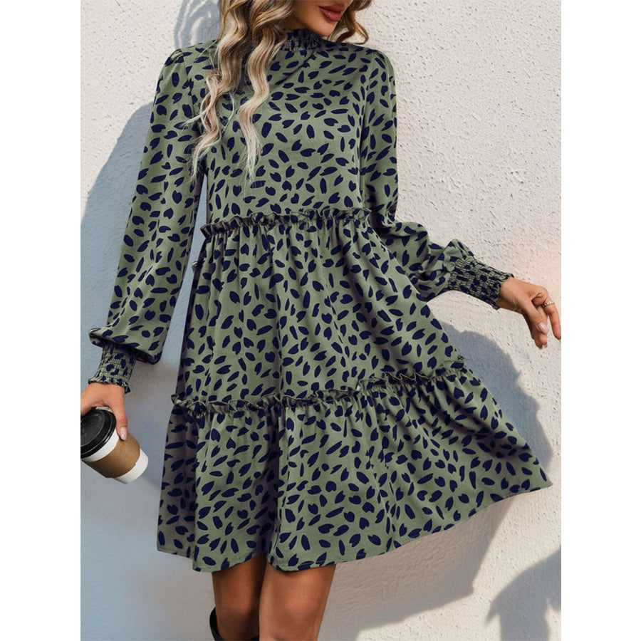 Frill Printed Mock Neck Long Sleeve Mini Dress Apparel and Accessories