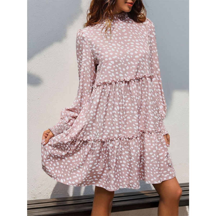 Frill Printed Mock Neck Long Sleeve Mini Dress Apparel and Accessories