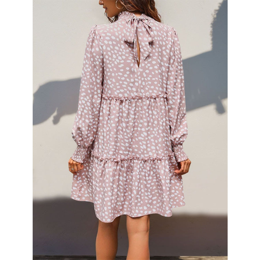 Frill Printed Mock Neck Long Sleeve Mini Dress Apparel and Accessories