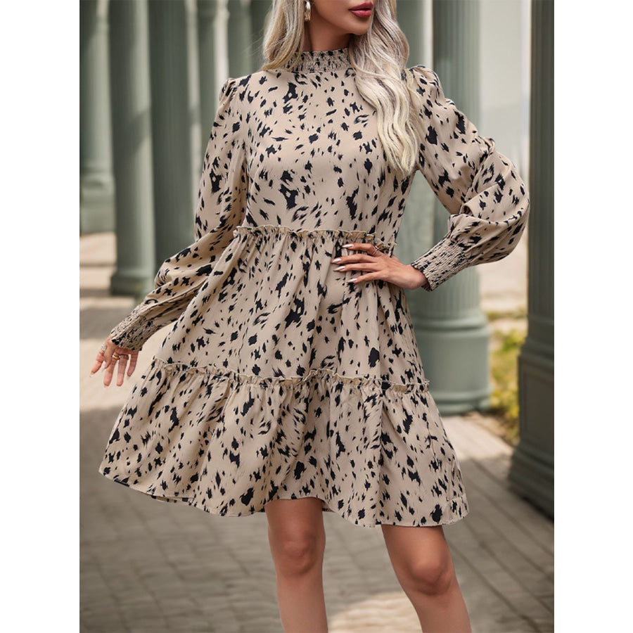 Frill Printed Mock Neck Long Sleeve Mini Dress Apparel and Accessories