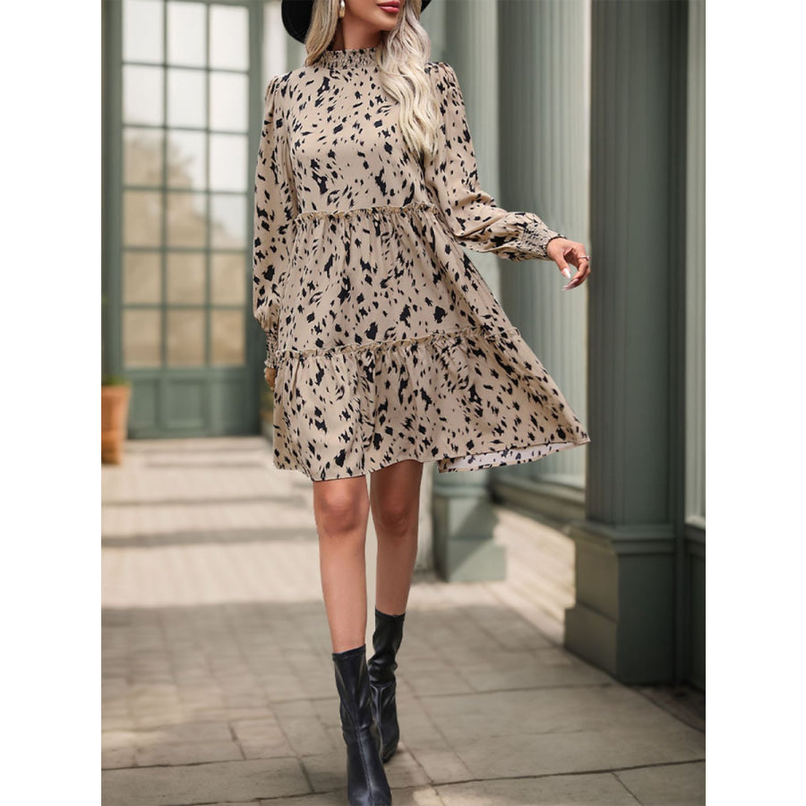 Frill Printed Mock Neck Long Sleeve Mini Dress Apparel and Accessories