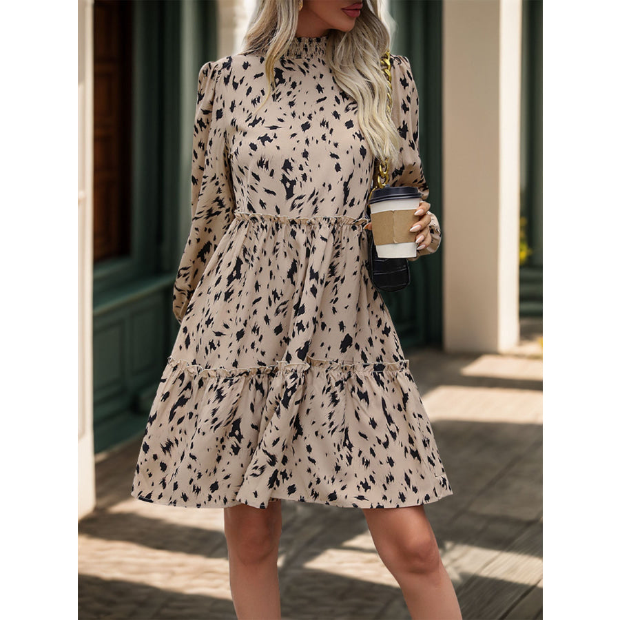 Frill Printed Mock Neck Long Sleeve Mini Dress Apparel and Accessories