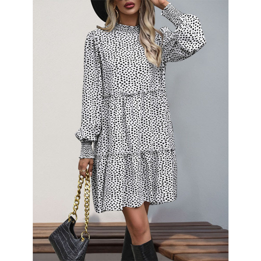 Frill Printed Mock Neck Long Sleeve Mini Dress Apparel and Accessories