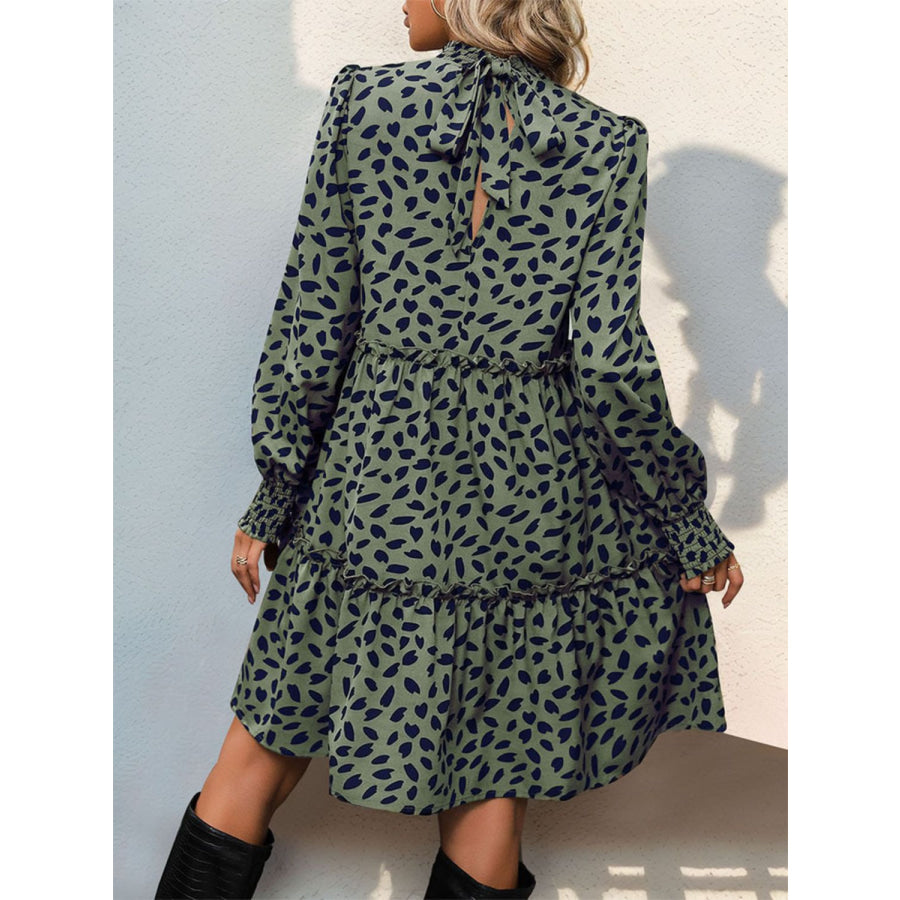 Frill Printed Mock Neck Long Sleeve Mini Dress Apparel and Accessories