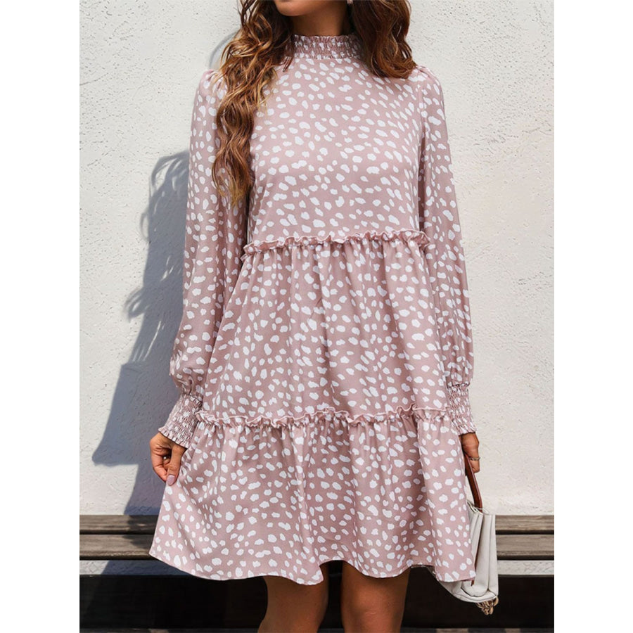 Frill Printed Mock Neck Long Sleeve Mini Dress Apparel and Accessories