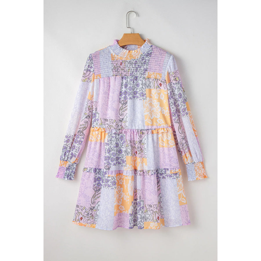 Frill Printed Mock Neck Long Sleeve Mini Dress Pink Purple / S Apparel and Accessories