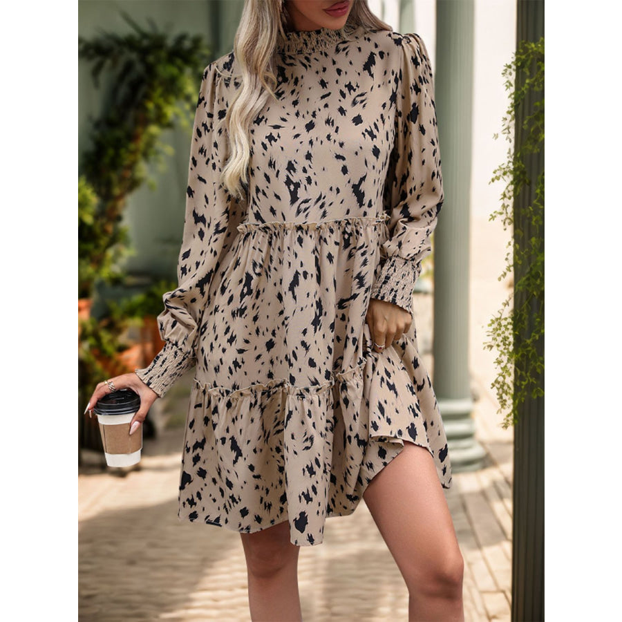 Frill Printed Mock Neck Long Sleeve Mini Dress Dust Storm / S Apparel and Accessories