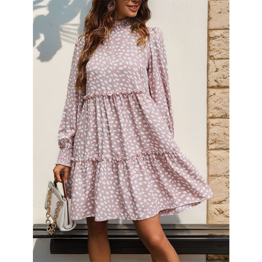 Frill Printed Mock Neck Long Sleeve Mini Dress Dusty Pink / S Apparel and Accessories