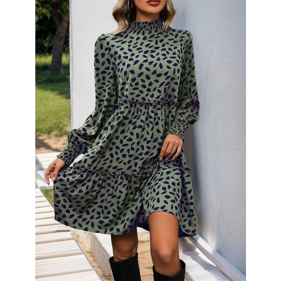 Frill Printed Mock Neck Long Sleeve Mini Dress Matcha Green / S Apparel and Accessories