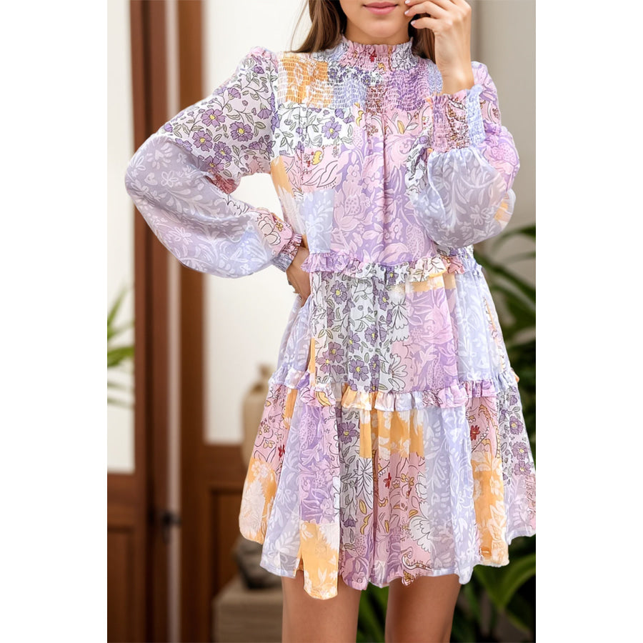 Frill Printed Mock Neck Long Sleeve Mini Dress Pink Purple / S Apparel and Accessories