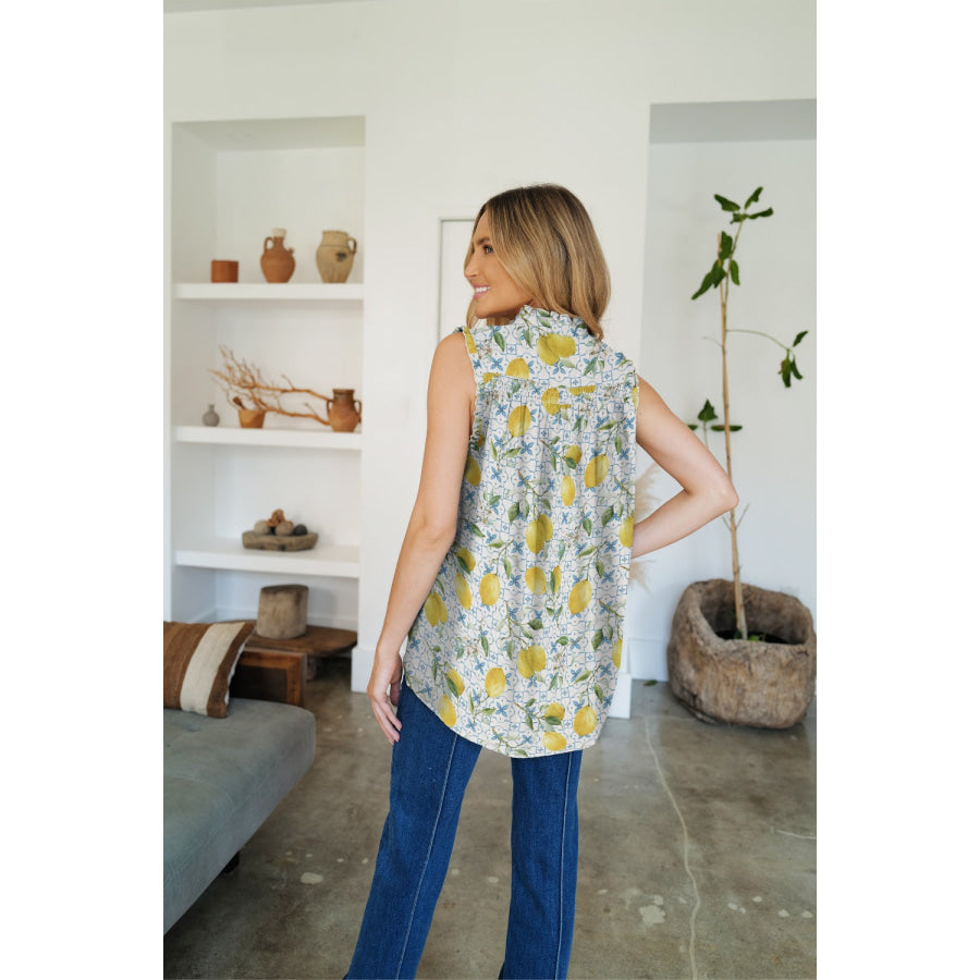 Frill Printed Mock Neck Top Yellow-Green / S Apparel and Accessories