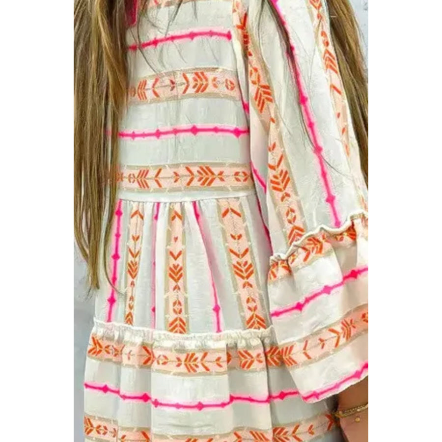 Frill Printed Notched Long Sleeve Dress Apparel and Accessories