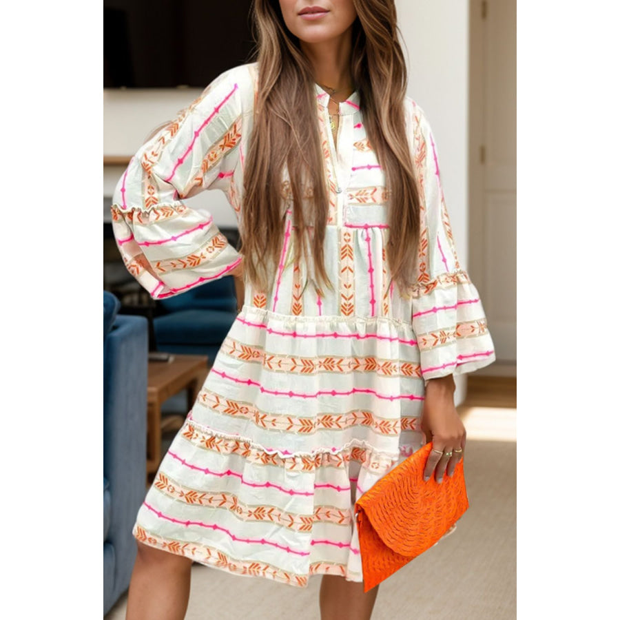 Frill Printed Notched Long Sleeve Dress White / S Apparel and Accessories