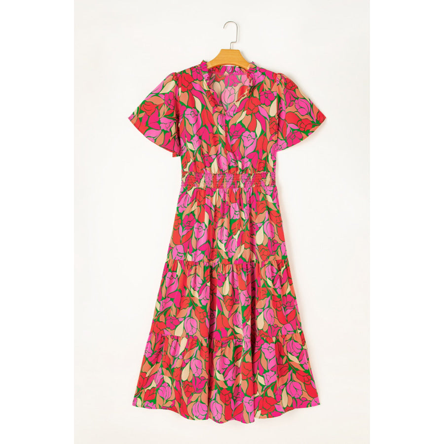 Frill Printed Notched Short Sleeve Midi Dress Apparel and Accessories