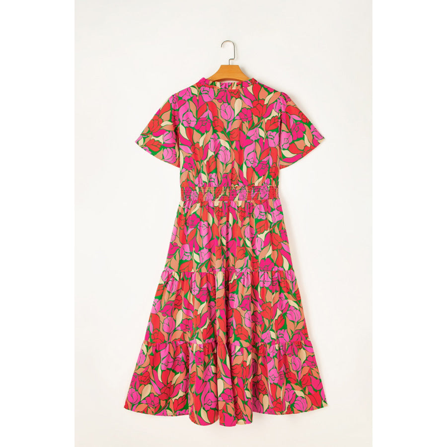 Frill Printed Notched Short Sleeve Midi Dress Apparel and Accessories