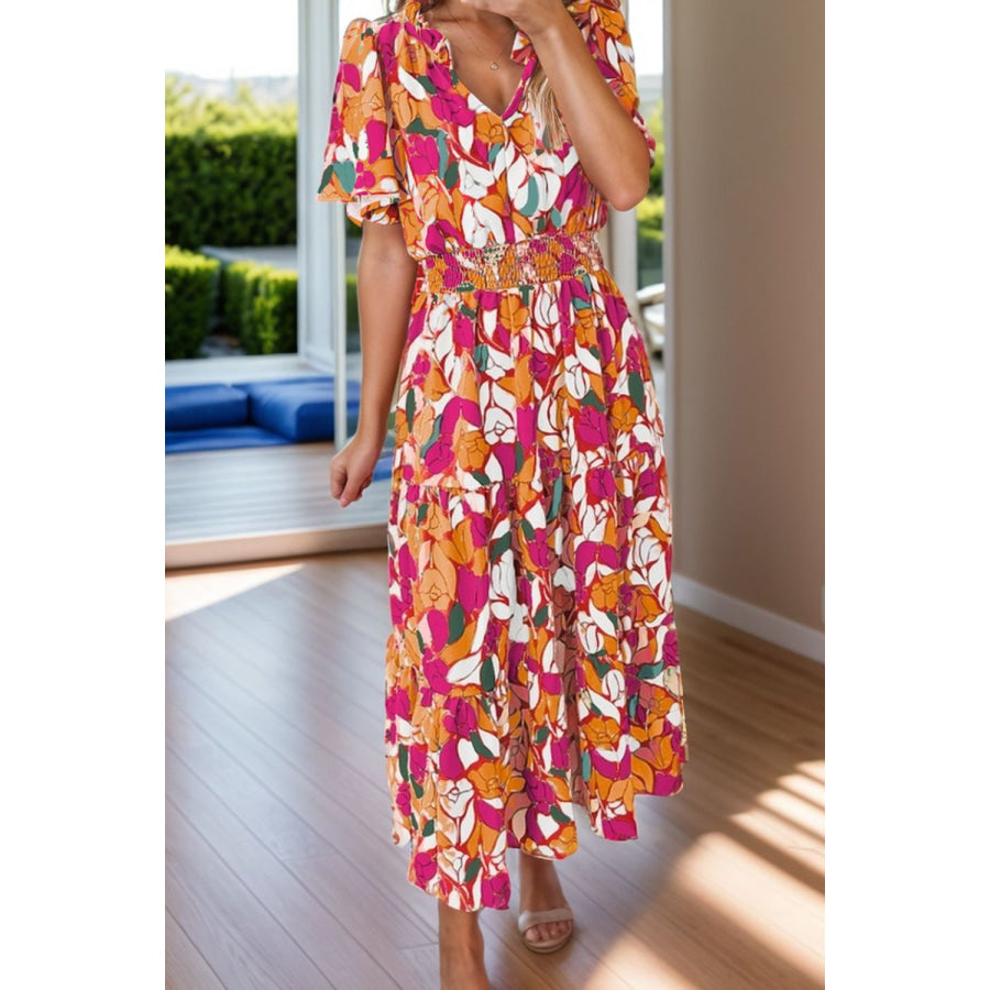 Frill Printed Notched Short Sleeve Midi Dress Floral / S Apparel and Accessories