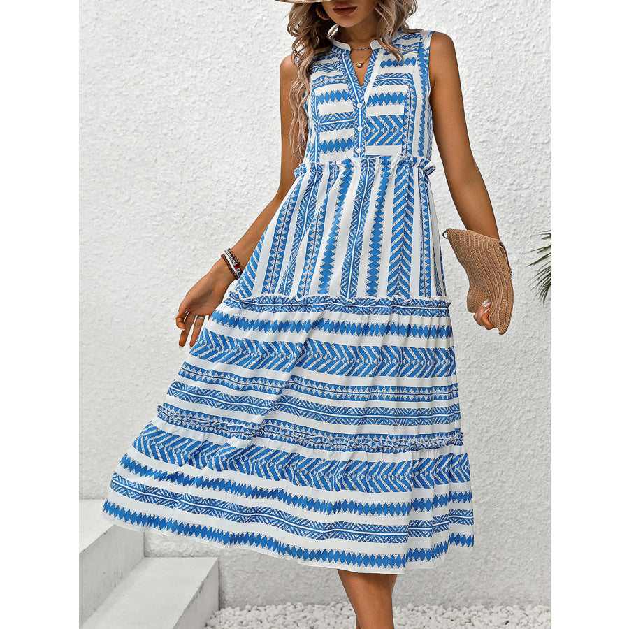 Frill Printed Notched Sleeveless Dress Apparel and Accessories