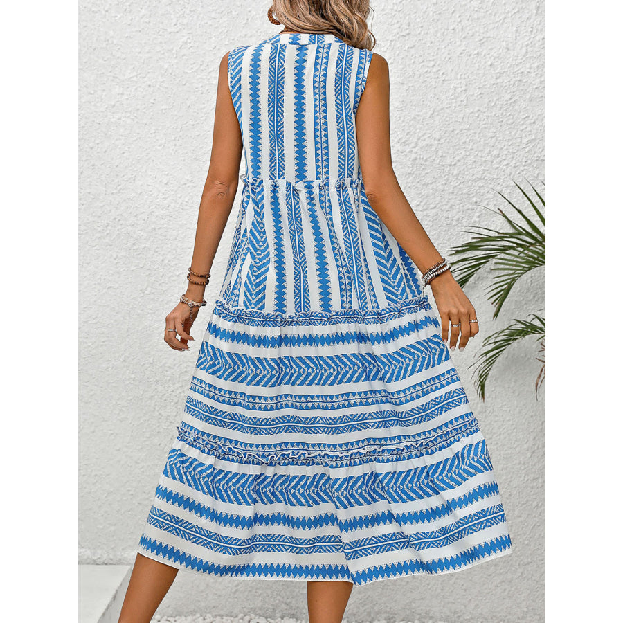 Frill Printed Notched Sleeveless Dress Blue / S Apparel and Accessories