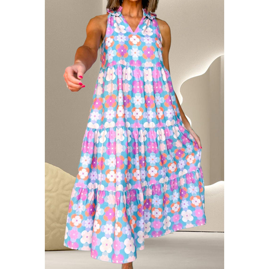 Frill Printed Notched Sleeveless Dress Lavender / S Apparel and Accessories