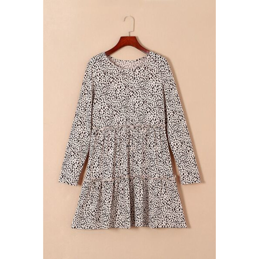 Frill Printed Round Neck Dress Apparel and Accessories