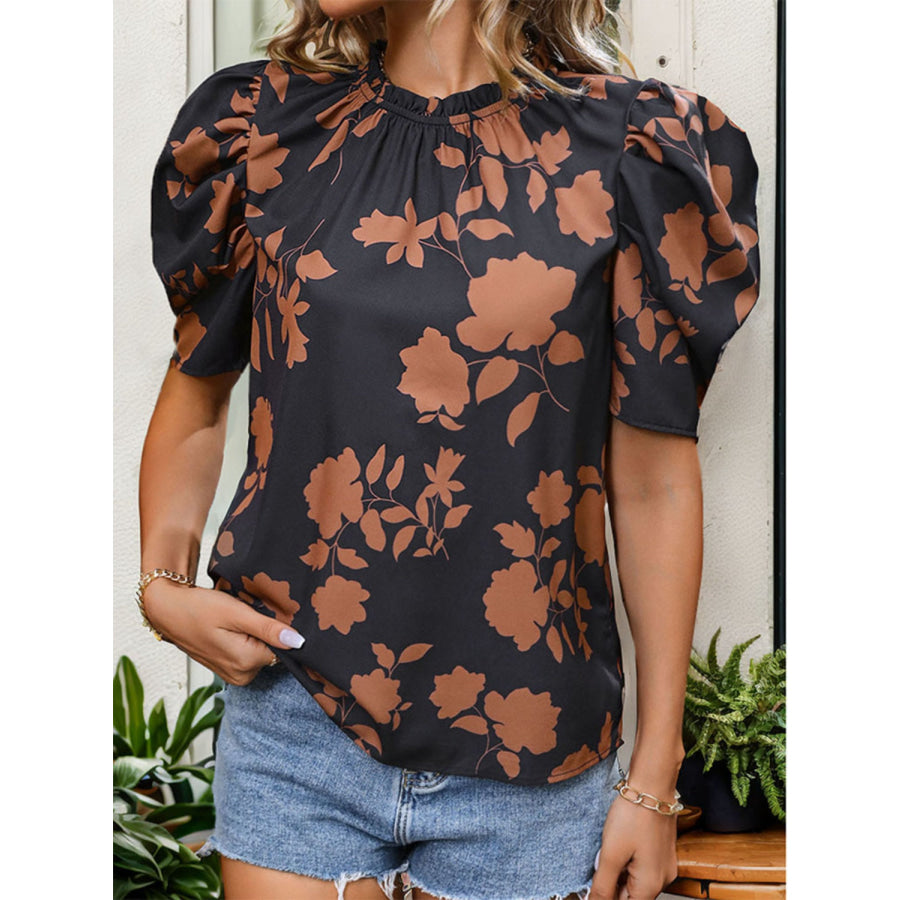 Frill Printed Round Neck Puff Sleeve Blouse Apparel and Accessories