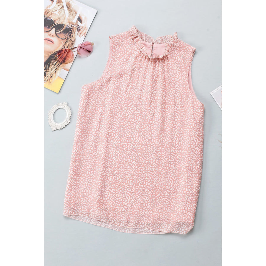 Frill Printed Round Neck Tank Blush Pink / S Apparel and Accessories