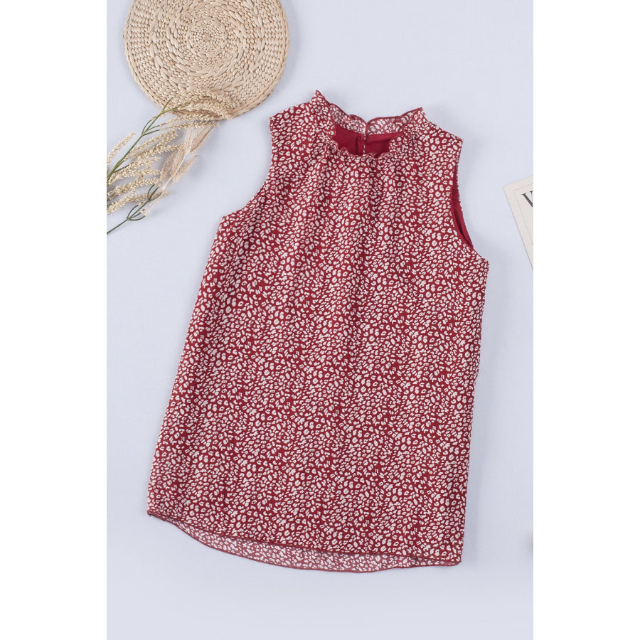 Frill Printed Round Neck Tank Wine / S Apparel and Accessories