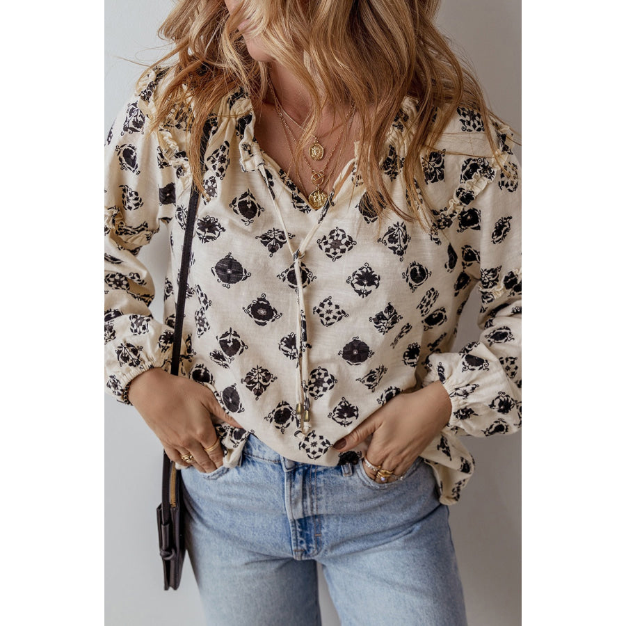 Frill Printed Tie Neck Long Sleeve Blouse Apparel and Accessories