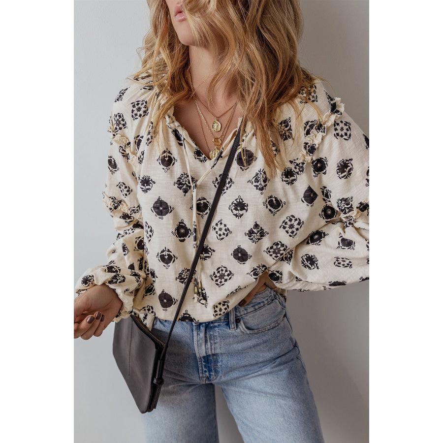 Frill Printed Tie Neck Long Sleeve Blouse Apparel and Accessories