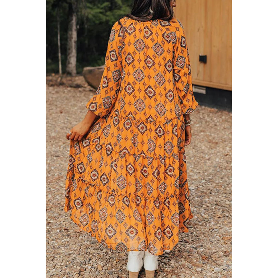 Frill Printed Tie Neck Long Sleeve Dress Orange / S Apparel and Accessories