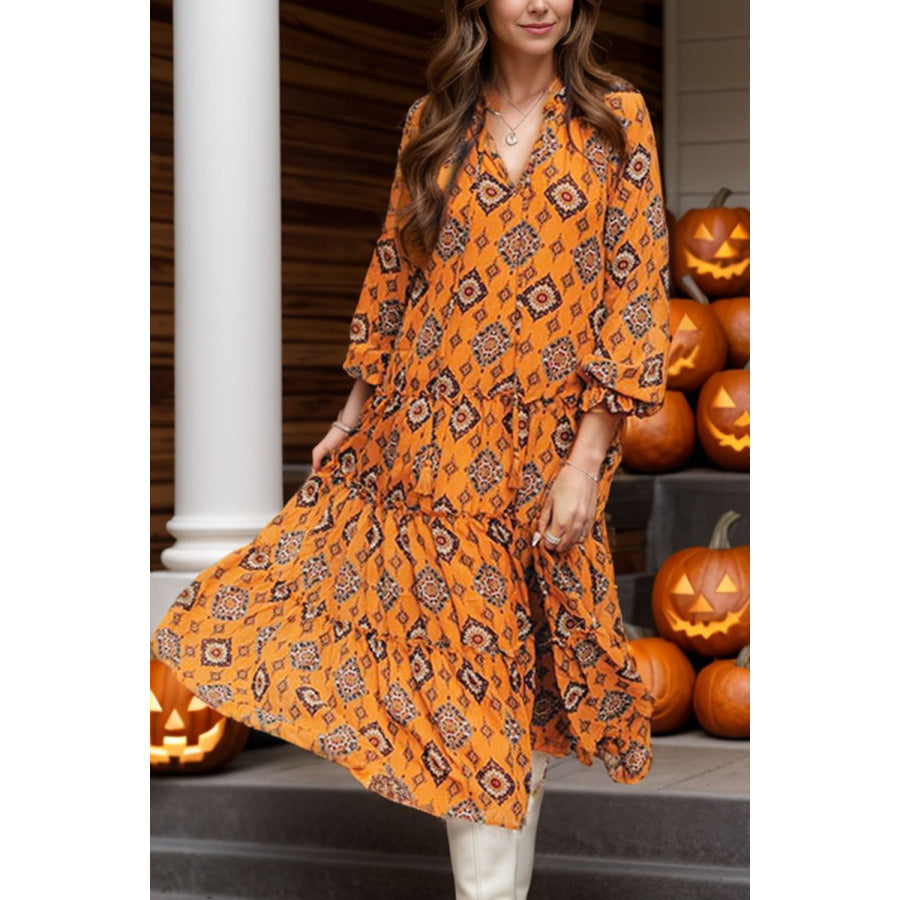 Frill Printed Tie Neck Long Sleeve Dress Orange / S Apparel and Accessories