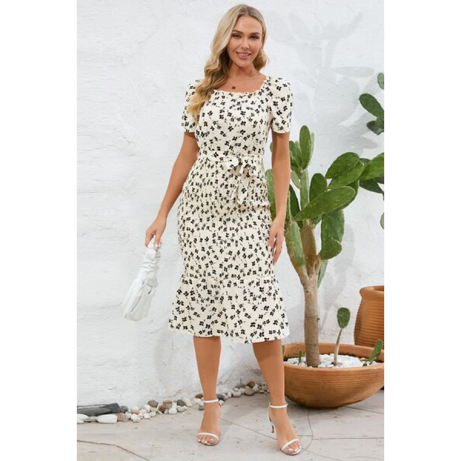 Frill Printed Tie Waist Midi Dress Apparel and Accessories