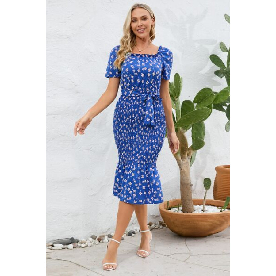 Frill Printed Tie Waist Midi Dress Apparel and Accessories