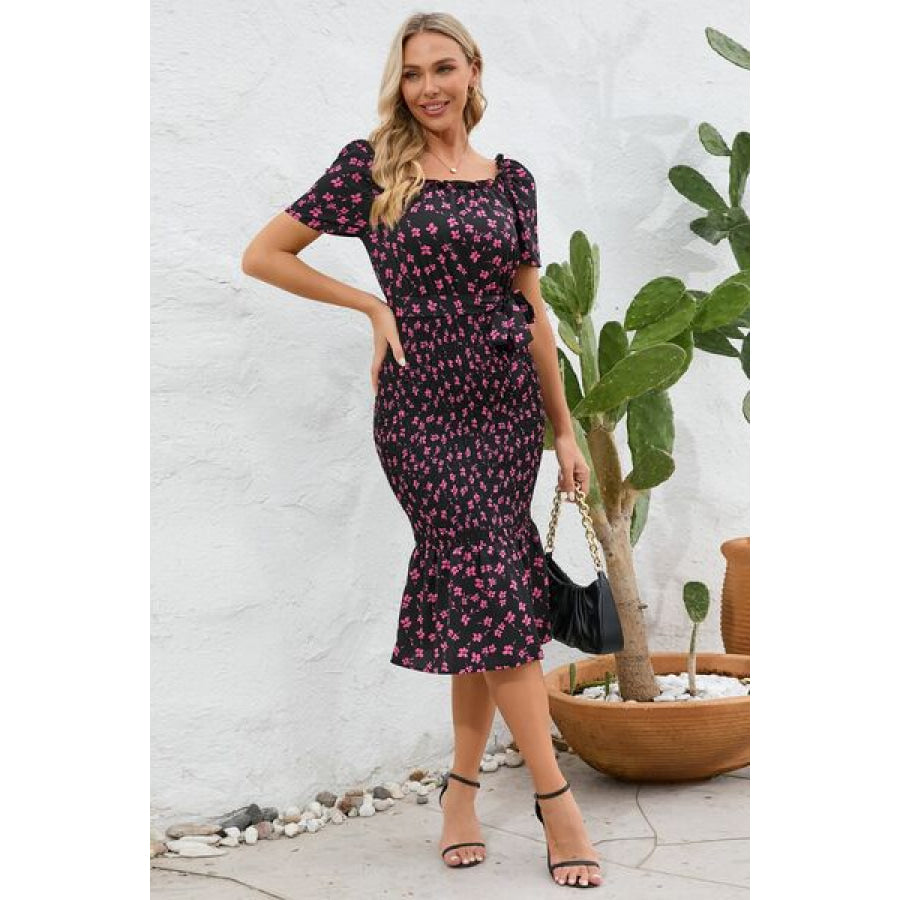 Frill Printed Tie Waist Midi Dress Apparel and Accessories