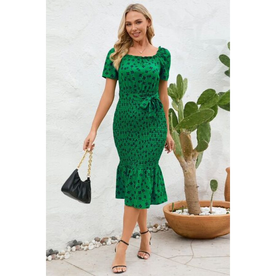 Frill Printed Tie Waist Midi Dress Green / S Apparel and Accessories