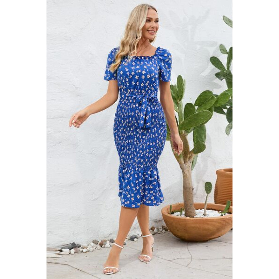 Frill Printed Tie Waist Midi Dress Navy / S Apparel and Accessories