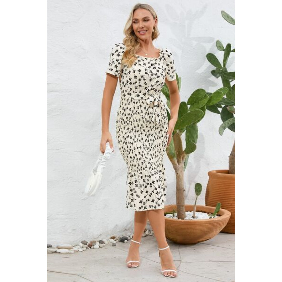 Frill Printed Tie Waist Midi Dress White / S Apparel and Accessories