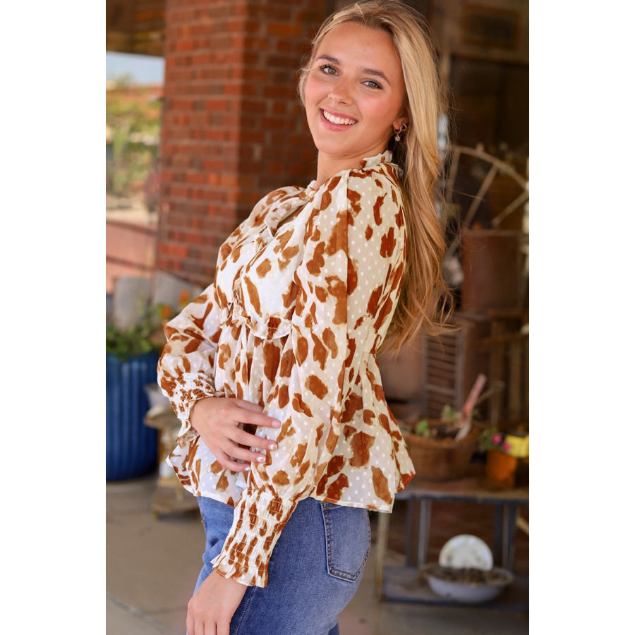 Frill Printed V - Neck Lantern Sleeve Blouse Apparel and Accessories