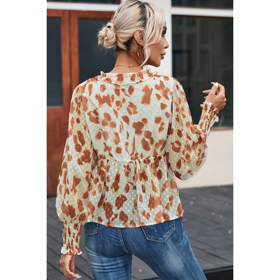 Frill Printed V - Neck Lantern Sleeve Blouse Apparel and Accessories