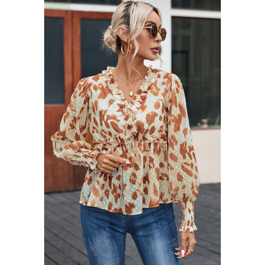 Frill Printed V - Neck Lantern Sleeve Blouse Apparel and Accessories