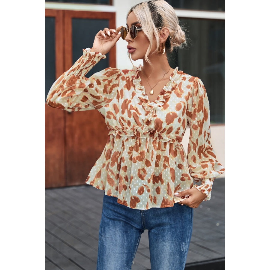 Frill Printed V - Neck Lantern Sleeve Blouse Tan / S Apparel and Accessories