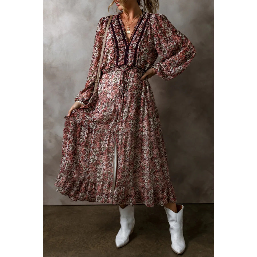 Frill Printed V-Neck Long Sleeve Midi Dress Floral / S Apparel and Accessories