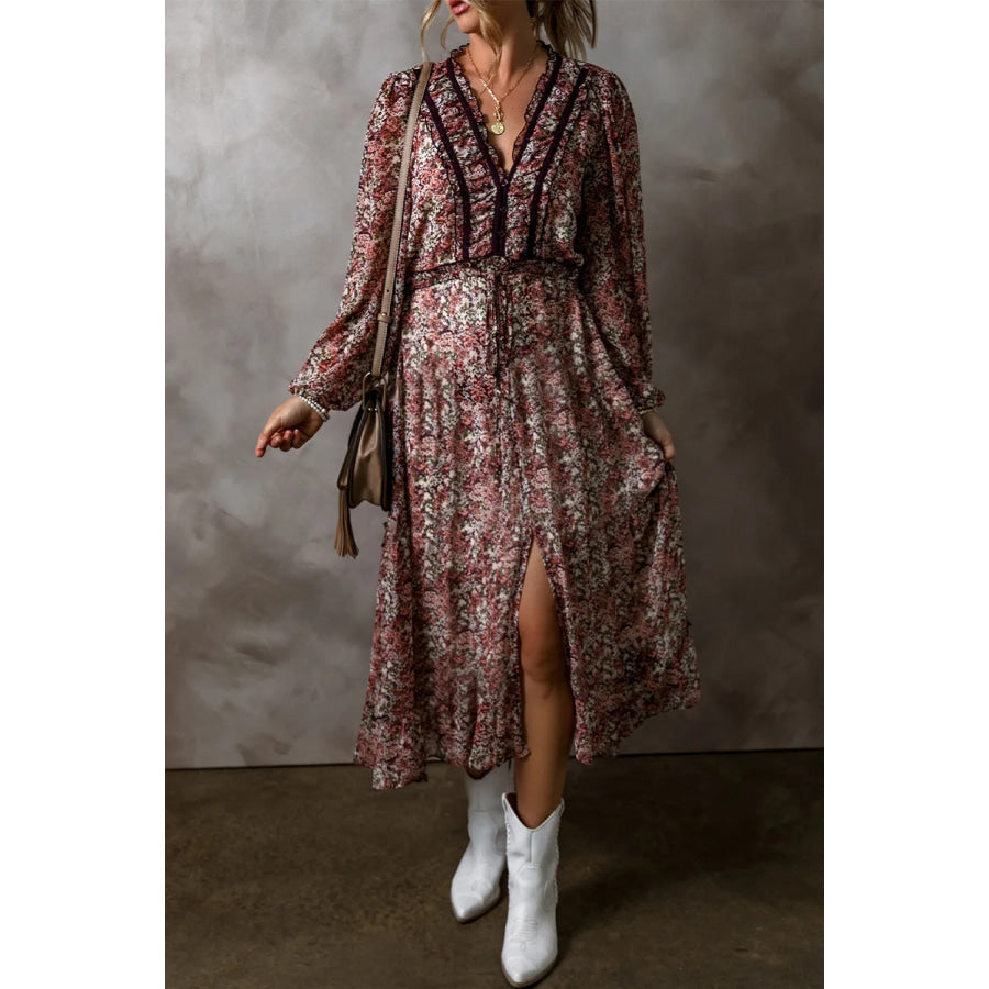 Frill Printed V-Neck Long Sleeve Midi Dress Floral / S Apparel and Accessories