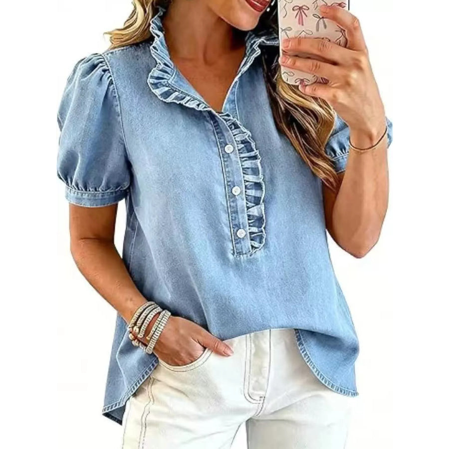 Frill Puff Sleeve Denim Top Apparel and Accessories